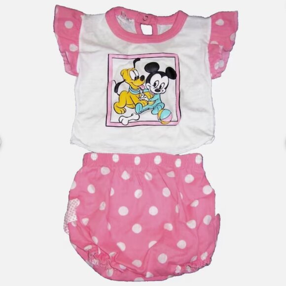 VINTAGE DISNEY Mickey Mouse & Pluto Baby Girls 12 months 2 piece outfit 80s USA - Picture 1 of 2